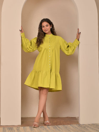 Cotton Poplin Lime Green Pintuck dress
