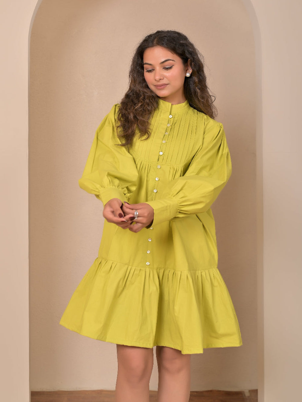Cotton Poplin Lime Green Pintuck dress
