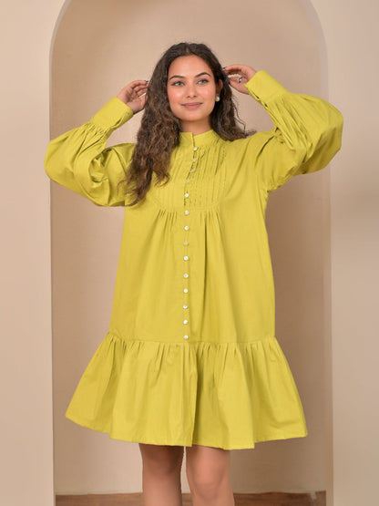 Cotton Poplin Lime Green Pintuck dress