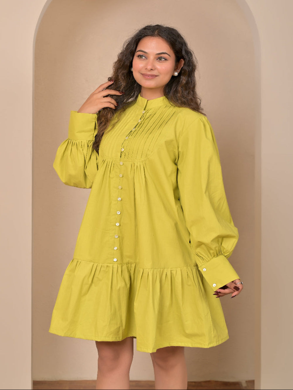 Cotton Poplin Lime Green Pintuck dress