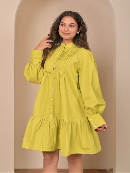 Cotton Poplin Lime Green Pintuck dress