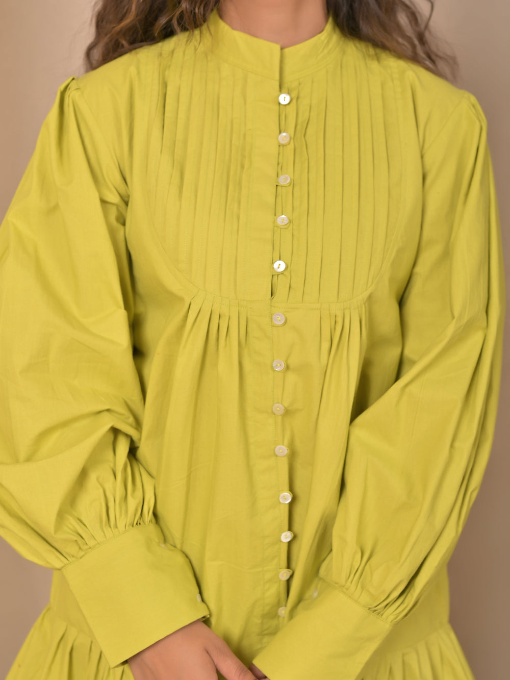 Cotton Poplin Lime Green Pintuck dress