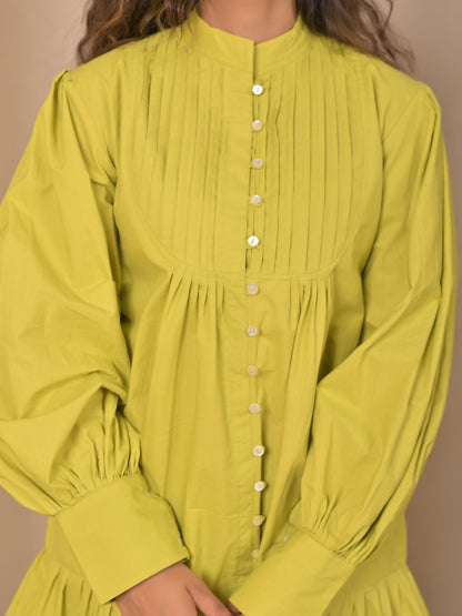 Cotton Poplin Lime Green Pintuck dress