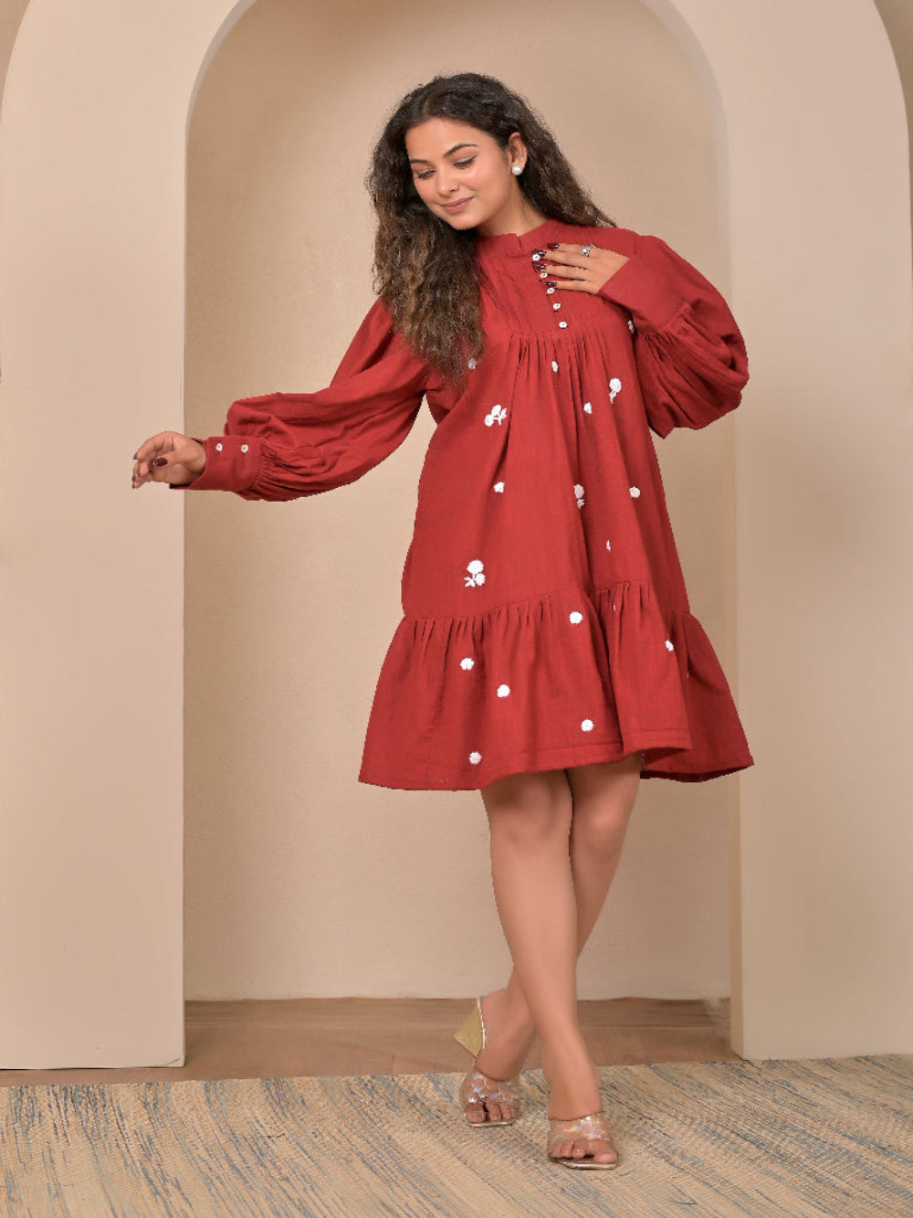 Cotton linen pintuck hand embroidery dress