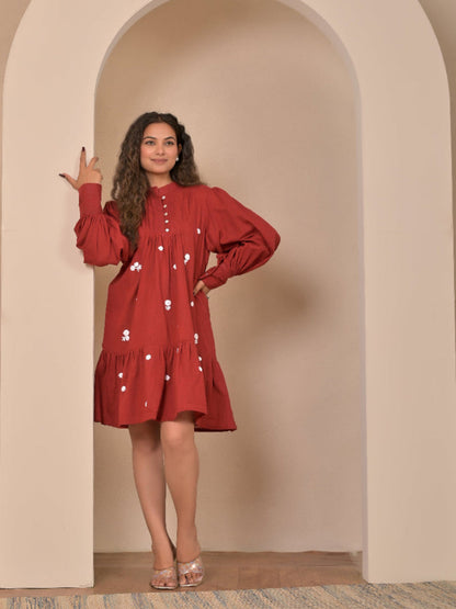 Cotton linen pintuck hand embroidery dress