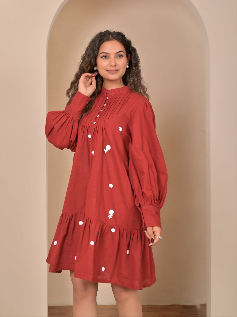 Cotton linen pintuck hand embroidery dress