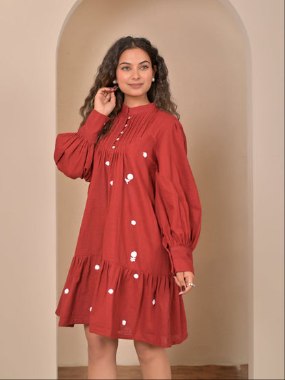 Cotton linen pintuck hand embroidery dress