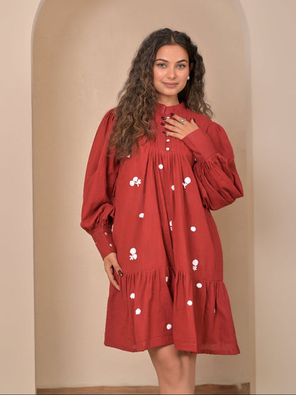 Cotton linen pintuck hand embroidery dress