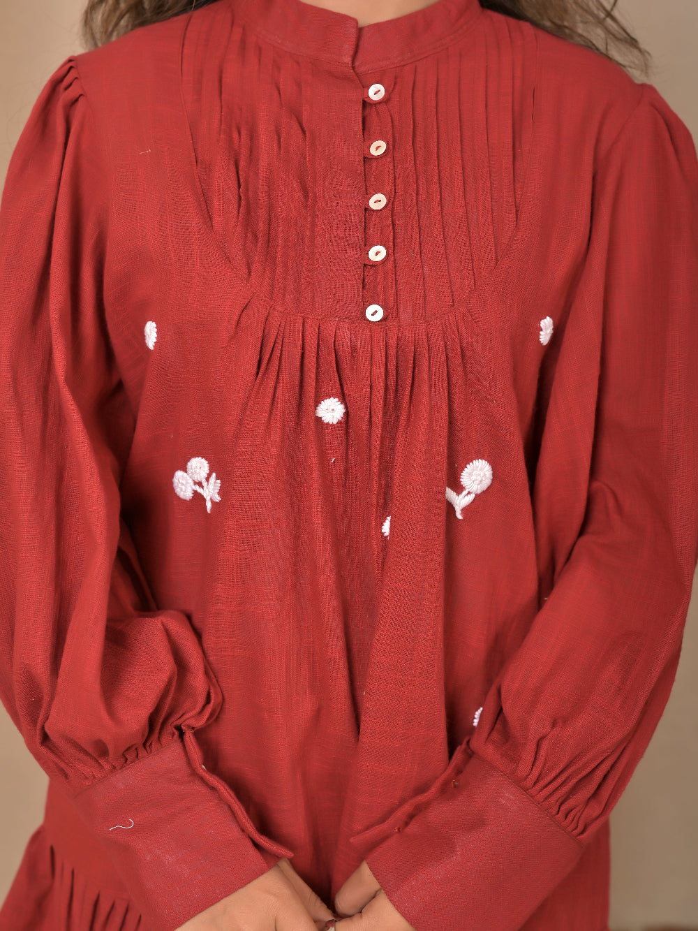 Cotton linen pintuck hand embroidery dress