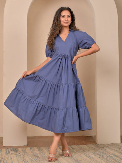 Cotton Poplin Dull blue long dress