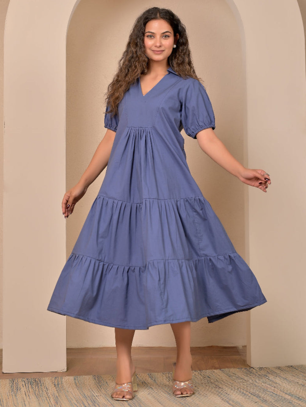 Cotton Poplin Dull blue long dress