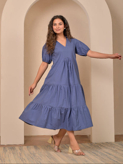 Cotton Poplin Dull blue long dress