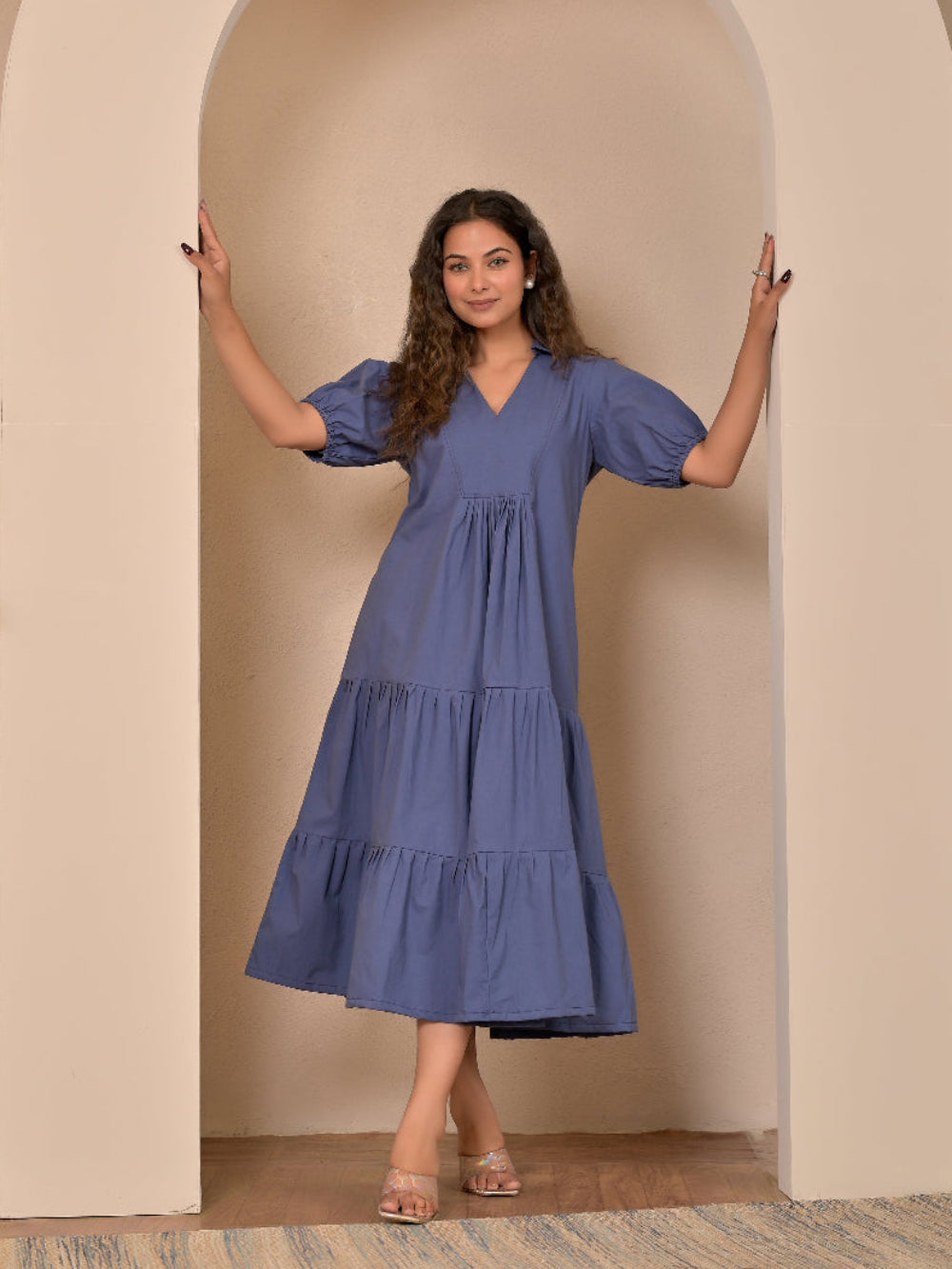 Cotton Poplin Dull blue long dress