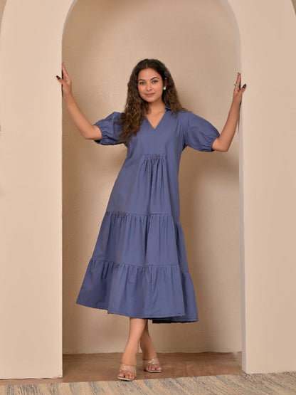 Cotton Poplin Dull blue long dress