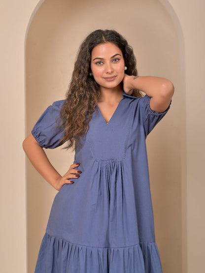 Cotton Poplin Dull blue long dress