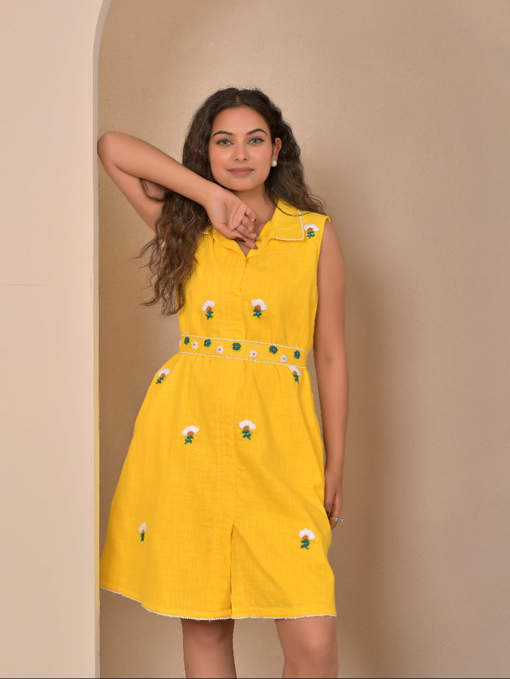 Cotton Linen hand embroidery sleevless dress with belt