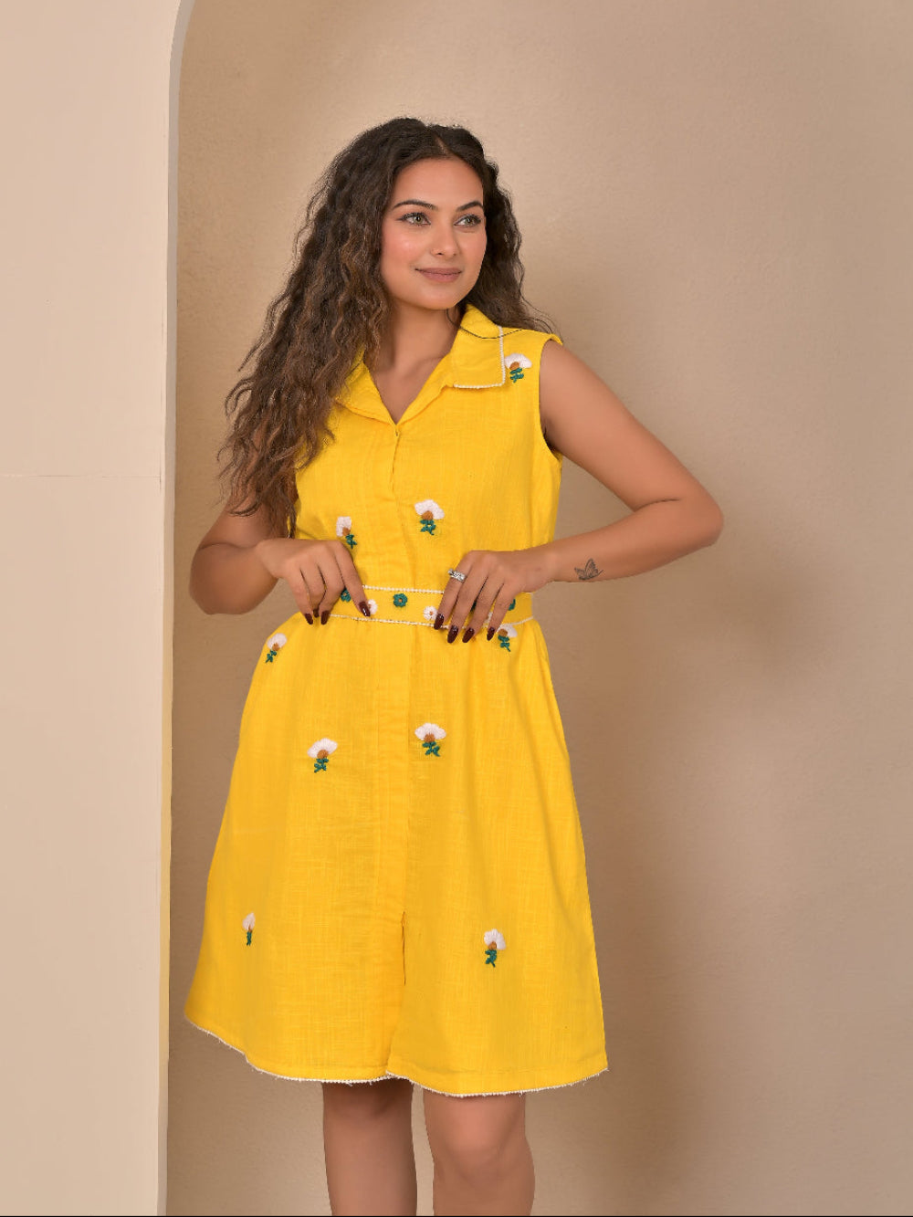 Cotton Linen hand embroidery sleevless dress with belt
