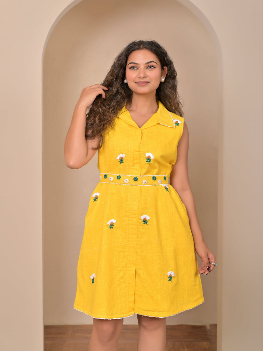 Cotton Linen hand embroidery sleevless dress with belt