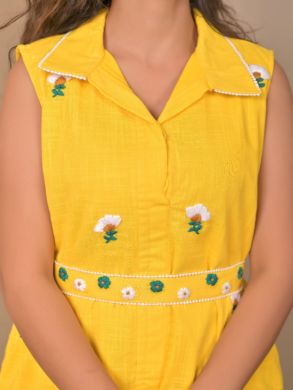Cotton Linen hand embroidery sleevless dress with belt