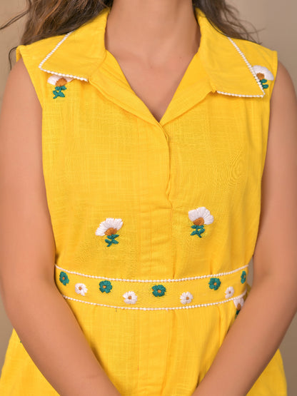 Cotton Linen hand embroidery sleevless dress with belt