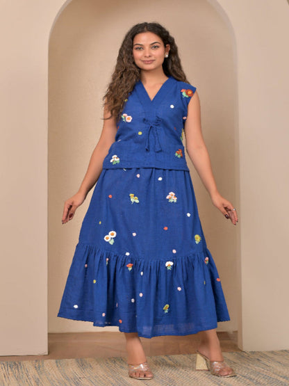 Sleeveless Royal Blue  hand embroidery top and skirt set