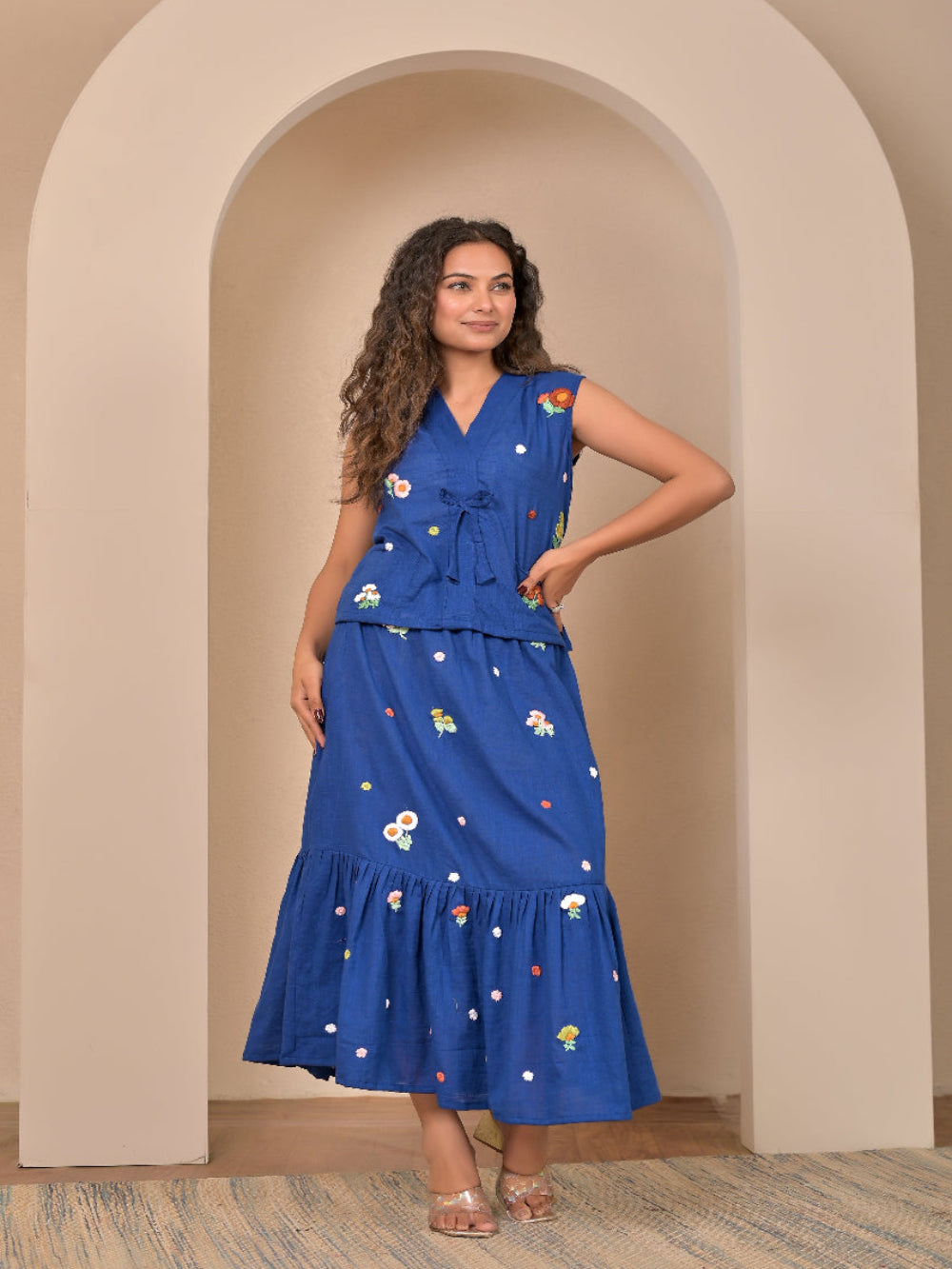 Sleeveless Royal Blue  hand embroidery top and skirt set