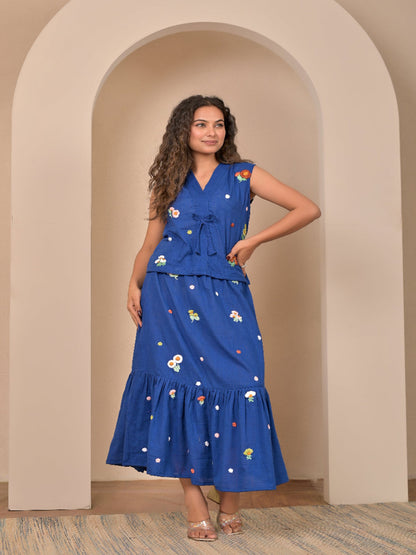 Sleeveless Royal Blue  hand embroidery top and skirt set