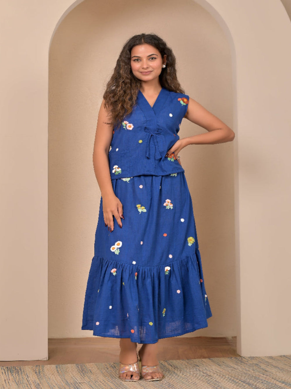 Sleeveless Royal Blue  hand embroidery top and skirt set