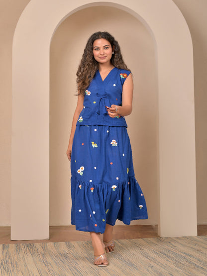Sleeveless Royal Blue  hand embroidery top and skirt set