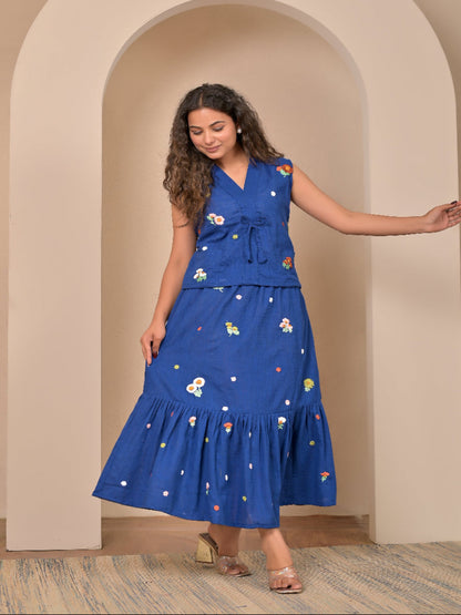 Sleeveless Royal Blue  hand embroidery top and skirt set