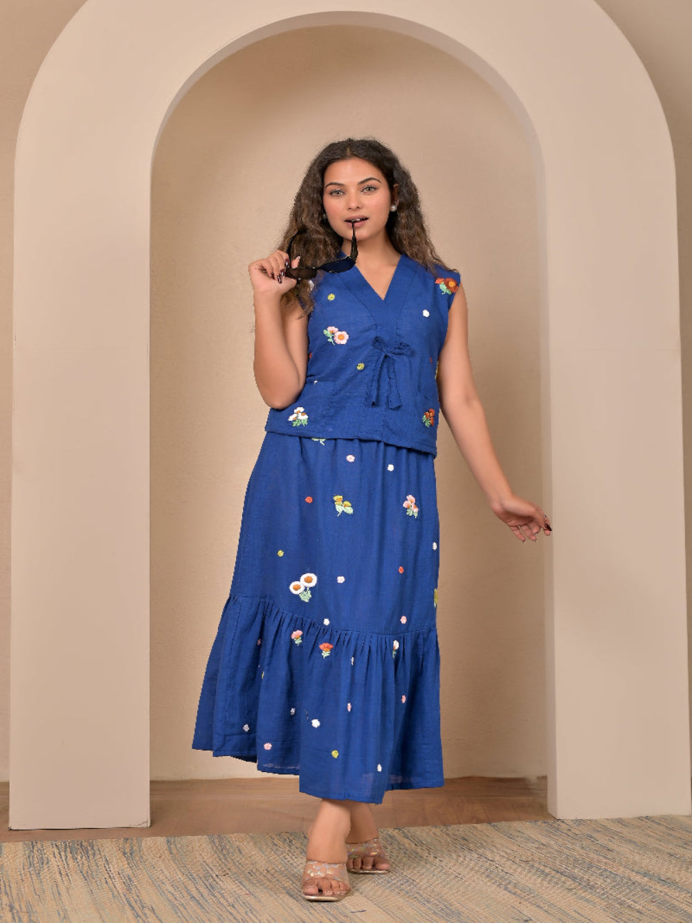 Sleeveless Royal Blue  hand embroidery top and skirt set