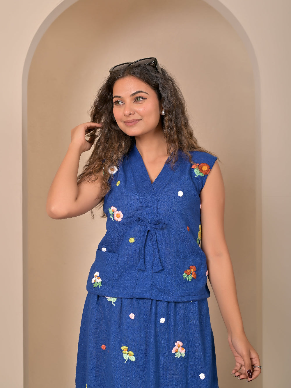 Sleeveless Royal Blue  hand embroidery top and skirt set