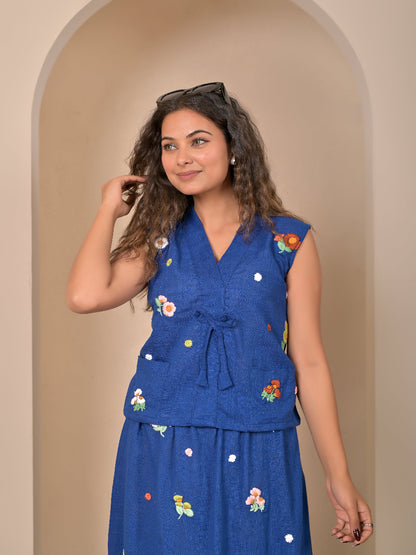 Sleeveless Royal Blue  hand embroidery top and skirt set
