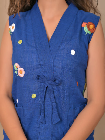 Sleeveless Royal Blue  hand embroidery top and skirt set