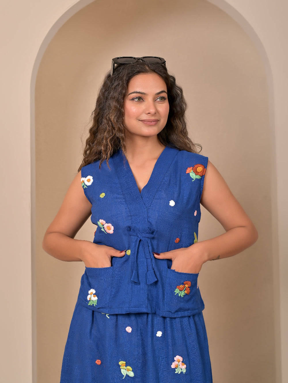 Sleeveless Royal Blue  hand embroidery top and skirt set