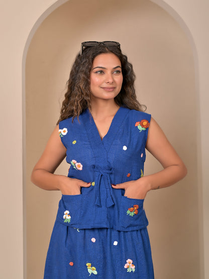 Sleeveless Royal Blue  hand embroidery top and skirt set