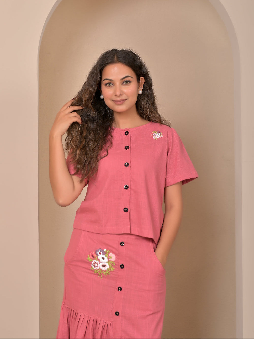 Mauve hand embroidery top and skirt set