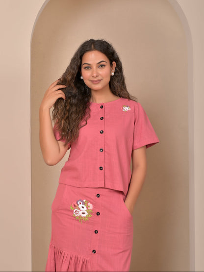 Mauve hand embroidery top and skirt set