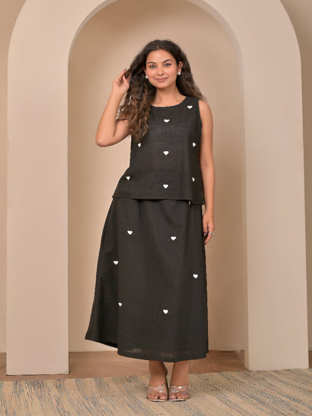 Black pure cotton  hand embroidery top and skirt set