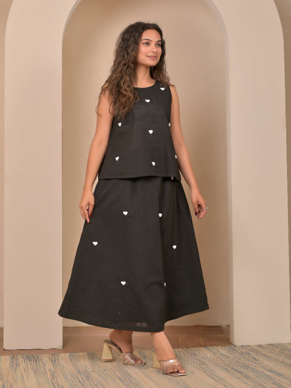 Black pure cotton  hand embroidery top and skirt set