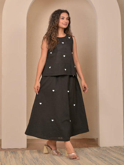 Black pure cotton  hand embroidery top and skirt set