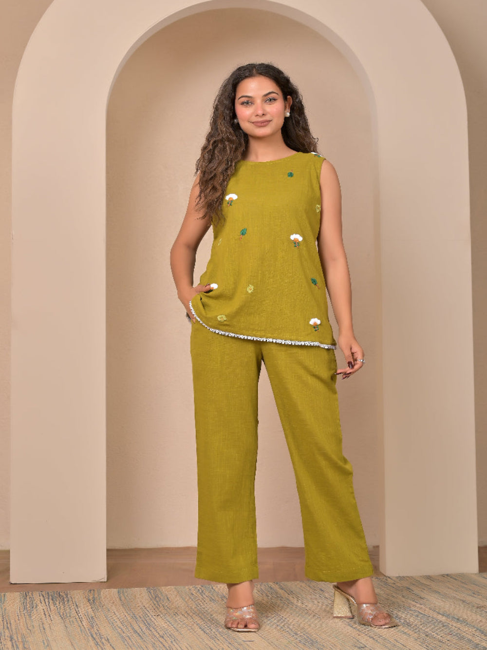 Mehendi Green Hand Embroidery cotton linen coord set (Copy)