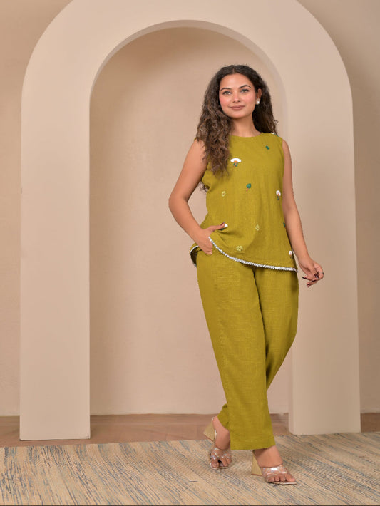 Mehendi Green Hand Embroidery cotton linen coord set