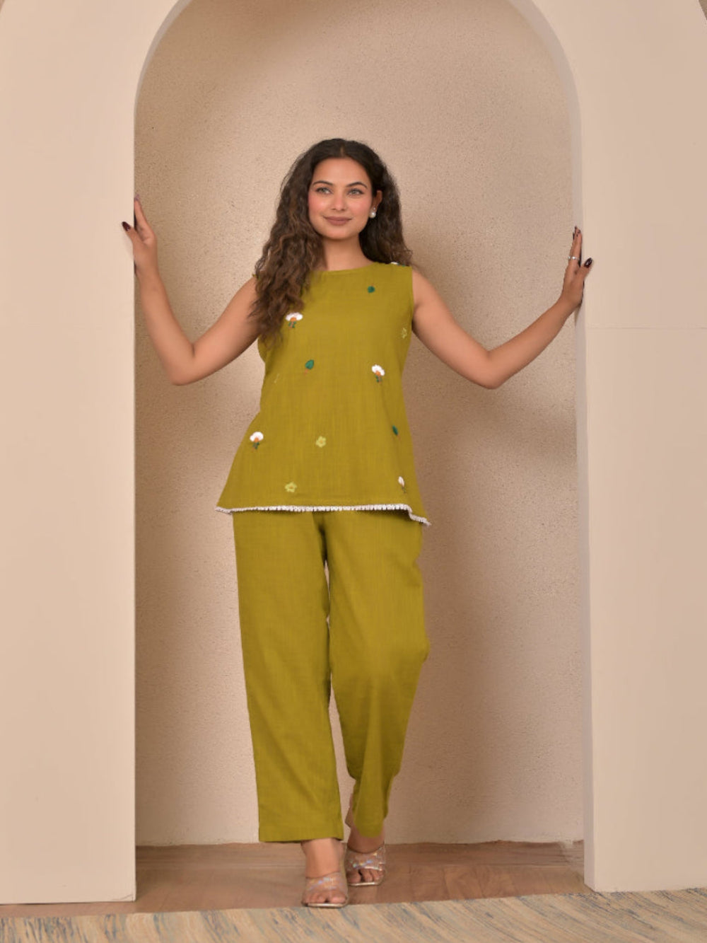 Mehendi Green Hand Embroidery cotton linen coord set (Copy)