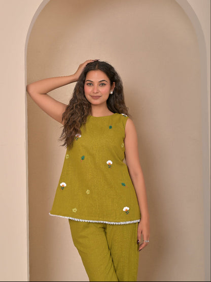 Mehendi Green Hand Embroidery cotton linen coord set (Copy)