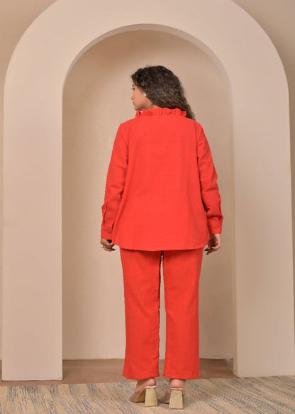 Red Frill Hand Embroidery cotton linen coord set