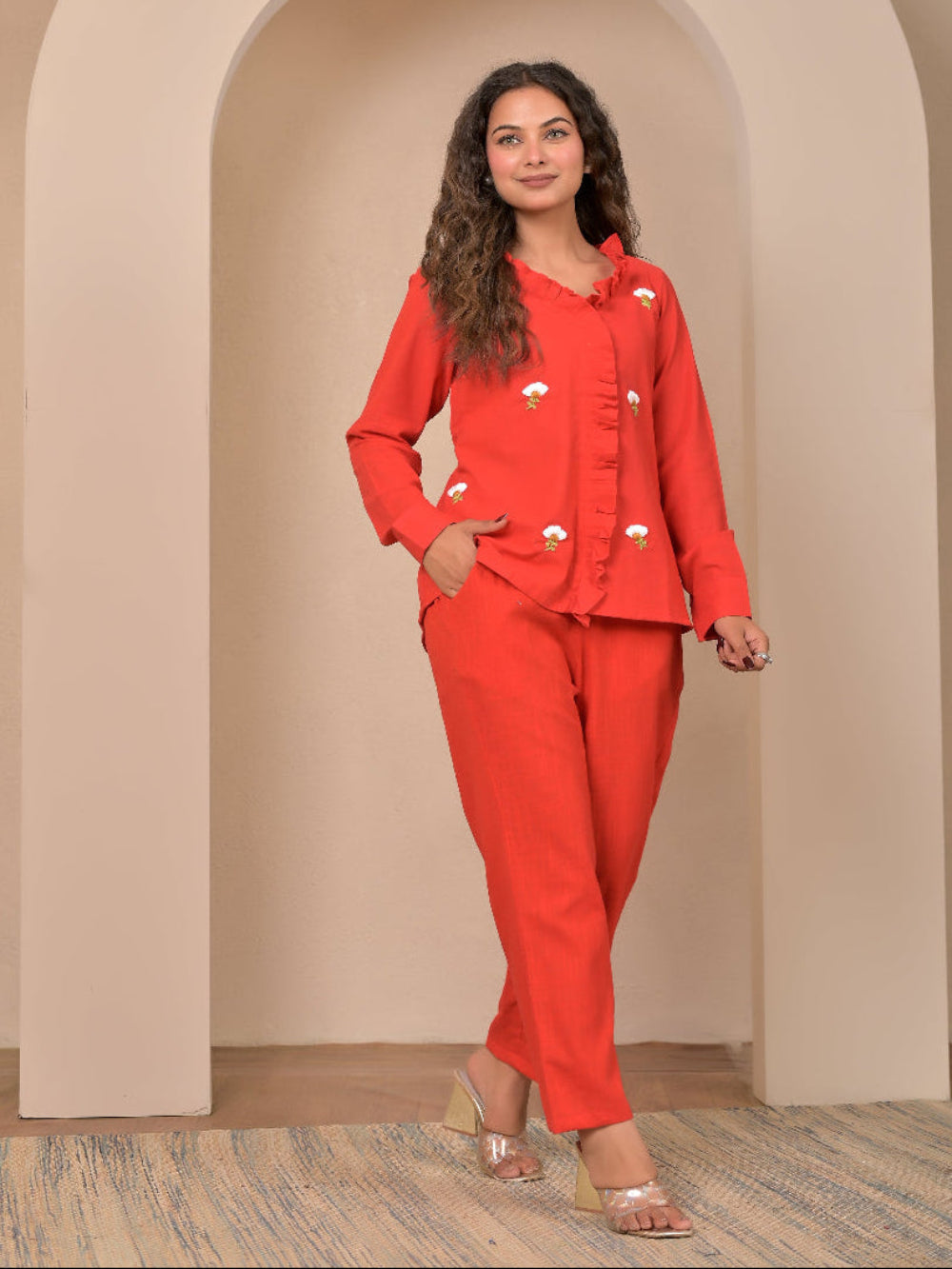 Red Frill Hand Embroidery cotton linen coord set