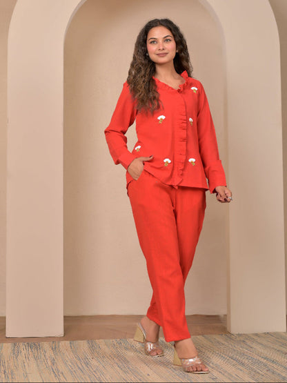 Red Frill Hand Embroidery cotton linen coord set