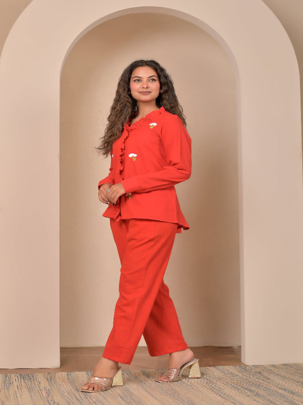 Red Frill Hand Embroidery cotton linen coord set