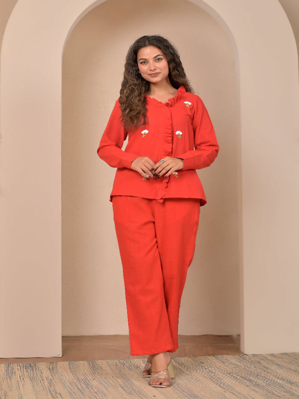 Red Frill Hand Embroidery cotton linen coord set